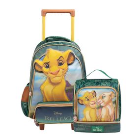 Kit Mochila de Rodinha e Lancheira Térmica  Infantil Masculina Simba Rei Leão Verde