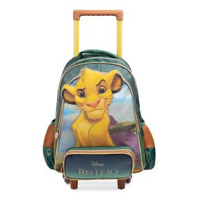 Kit Mochila de Rodinha e Lancheira Térmica  Infantil Masculina Simba Rei Leão Verde