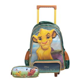 Kit Mochila de Rodinha e Estojo Infantil Masculino Simba Rei Leão Verde