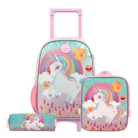 Kit Mochila de Rodinha + Lancheira Térmica  + Estojo  Infantil Feminino Unicórnio Rainbow