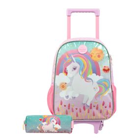 Kit Mochila de Rodinha e Estojo Infantil Feminino Unicórnio Rainbow