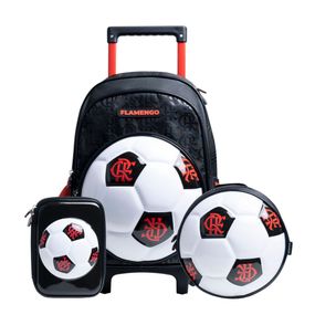 Kit Mochila de Rodinha + Lancheira Térmica  + Estojo Infantil Masculino Flamengo Oficial Bola de Futebol