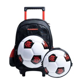 Kit Mochila de Rodinha e Lancheira Térmica  Infantil Masculina Flamengo Oficial Bola de Futebol