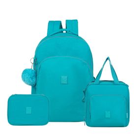 Kit Mochila + Lancheira Térmica  + Estojo Feminino Feminina Pop Fun Azul Claro
