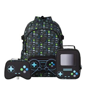 Kit Mochila + Lancheira Térmica + Estojo Box Masculina Infantil Video Game Preta
