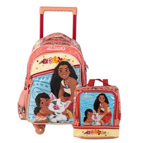 Kit Mochila de 4 Rodinhas e Lancheira Térmica Infantil Feminino Disney Moana Rosa