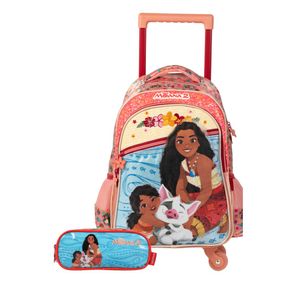 Kit Mochila de 4 Rodinhas e Estojo  Infantil Feminino Disney Moana Rosa