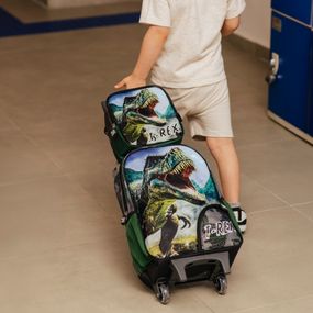 Mochila de Rodinha Infantil Masculina Dinossauro Verde Escuro