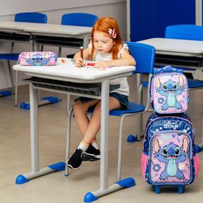 Kit Mochila de Rodinha + Lancheira Térmica  + Estojo  Infantil Feminino Stitch