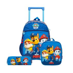Kit Mochila de Rodinha + Lancheira Térmica  + Estojo   Infantil Masculina Patrulha Canina Chase e Equipe Azul
