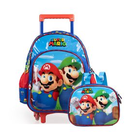 Kit Mochila de Rodinha e Lancheira Térmica Infantil Masculina Mario Bross Premium Azul