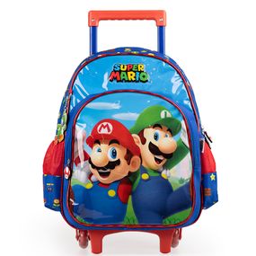 Kit Mochila de Rodinha e Lancheira Térmica Infantil Masculina Mario Bross Premium Azul