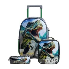 Kit Mochila de Rodinha + Lancheira Térmica  + Estojo Infantil Masculina Dinossauro Verde Escuro