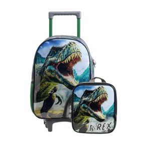 Kit Mochila e Lancheira Térmica Infantil Masculina Dinossauro Verde Escuro
