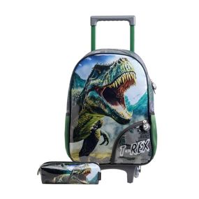 Kit Mochila de Rodinha e Estojo Infantil Masculino Dinossauro Verde Escuro