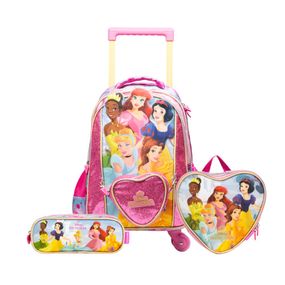 Kit Mochila de 4 Rodinhas + Lancheira Térmica  + Estojo  Infantil  Infantil Feminino Princesas Rosa