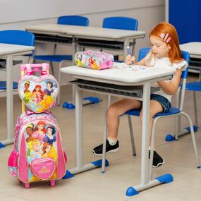 Estojo Escolar Feminino Médio Princesas 3 Compartimentos Rosa