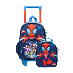 Kit Mochila de Rodinha e Lancheira Térmica  Masculina Spidey Baby Azul Escuro