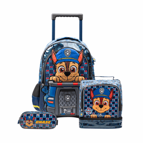 Kit Mochila de Rodinha + Lancheira Térmica  + Estojo Infantil Masculina Patrulha Canina Chase Azul
