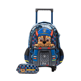 Kit Mochila de Rodinha e Estojo Masculino Infantil Patrulha Canina Chase Azul