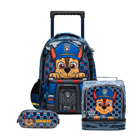 Kit Mochila de 4 Rodinhas + Lancheira Térmica  + Estojo Masculina Infantil Patrulha Canina Chase Azul