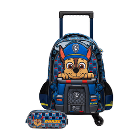 Kit Mochila de 4 Rodinhas e Estojo Masculino Infantil Patrulha Canina Chase Azul