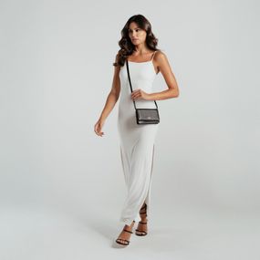 Bolsa Transversal Feminina Pequena de Couro Metalic Preta