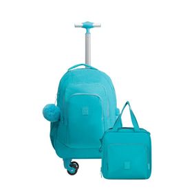 Kit Mochila de 4 Rodinhas e Lancheira Térmica Feminina Pop Fun Azul Claro