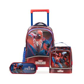 Kit Mochila de 4 Rodinhas + Lancheira Térmica + Estojo Infantil Masculina Homem Aranha Estampa em Movimento