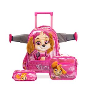 Kit Mochila de Rodinha + Lancheira Térmica + Estojo Infantil Feminina Patrulha Canina Skye Rosa