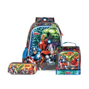 Kit Mochila + Lancheira + Estojo Masculino Infantil Vingadores Preta