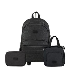 Kit Mochila de 4 Rodinhas + Lancheira Térmica + Estojo Juvenil Feminina Crinkle Glitter Preta