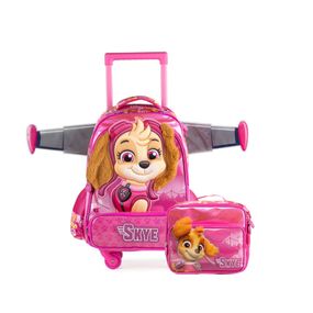 Kit Mochila de 4 Rodinhas e Lancheira Térmica Infantil Feminina Patrulha Canina Skye Rosa