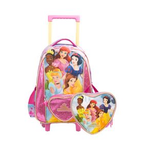 Kit Mochila e Lancheira Térmica Infantil Feminina Princesas Rosa