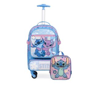 Kit Mochila de 4 Rodinhas Stitch e Angel e Lancheira Térmica Stitch Rosa