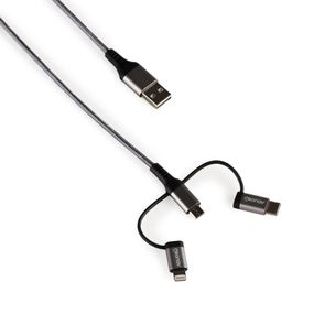 Cabo Carregador 3 em 1 Lightning com Micro USB e USC-C Preto