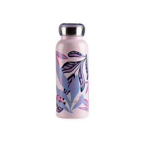 Garrafa Térmica 500ml Estampada Folhagens com Tampa Silicone Rosa