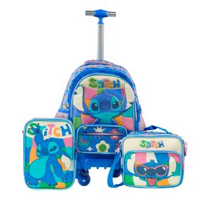 Mochila com 4 Rodinhas, Estojo Escolar Feminino Grande e Lancheira Térmica Feminina Stitch Azul