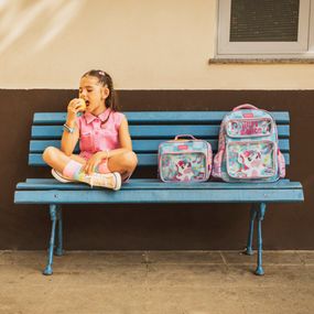 Kit Mochila Escolar Feminina,  Estojo Escolar Feminino com 3 Compartimentos  e Lancheira Escolar Feminina Térmica Unicórnio Just Dance Verde Água